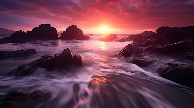 Blick auf einen Sonnenuntergang über einem felsigen Strand mit generativen Wellen