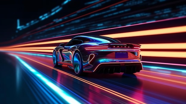 Blick auf einen Sportwagen auf dem Neon Highway. Kraftvolle Beschleunigung eines Supersportwagens in einer schwarzen Nacht