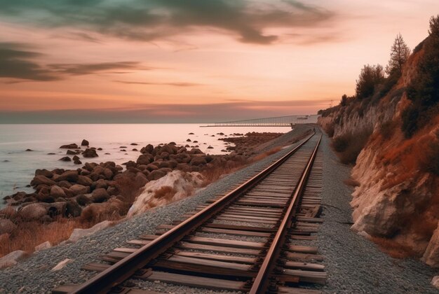 Blick auf Eisenbahnschienen mit Strand-generativer KI