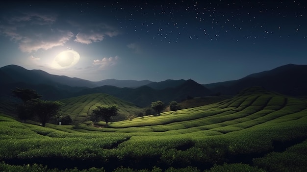Blick auf mondbeschienene Teefelder vor der majestätischen Kulisse des nächtlichen Sternenhimmels Generative ai