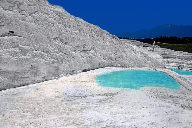 Blick auf natürliche Travertin-Pools und Terrassen im Schloss Pamukkale Cotton im Südwesten der Türkei