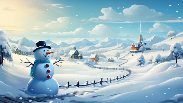 Blick auf Schneemann mit Winterlandschaft und Schnee