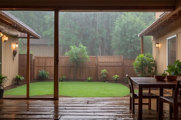 Blick auf starke Regenfälle im Hinterhof