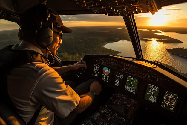 Blick aus dem Cockpit, während ein Flugzeug zur Landung absteigt.