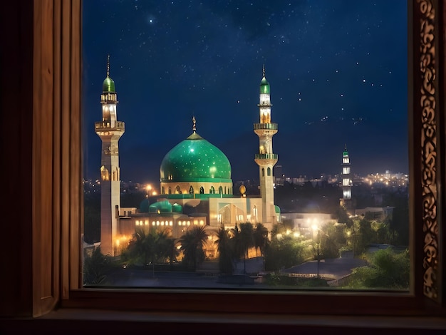 Foto blick aus dem fenster einer muslimischen moschee in der nacht ramadan kareem