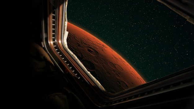 Blick aus dem Fenster einer Raumschiff-Mission auf den roten Planeten Mars. Raumschiff fliegt zum Mars, Konzept. Reisen und Erkunden des Roten Planeten