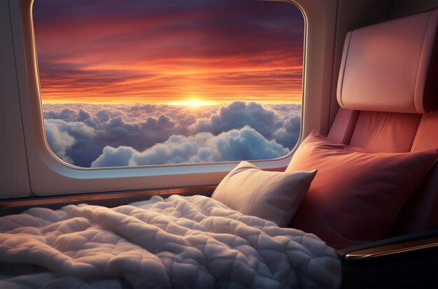 Blick aus dem Flugzeugfenster auf Wolken und Himmel bei Sonnenuntergang Reisekonzept