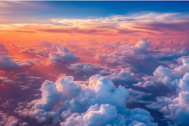 Blick aus der Luft auf einen wunderschönen Sonnenuntergang über Wolken aus dem Flugzeugfenster