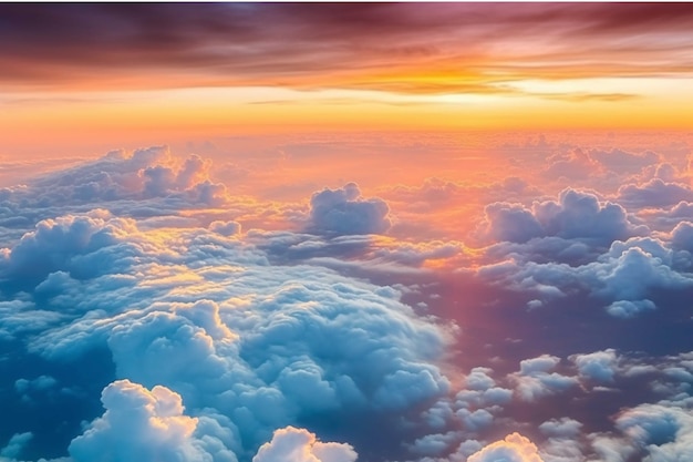 Blick aus der Luft auf einen wunderschönen Sonnenuntergang über Wolken aus dem Flugzeugfenster