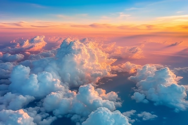 Blick aus der Luft auf einen wunderschönen Sonnenuntergang über Wolken aus dem Flugzeugfenster