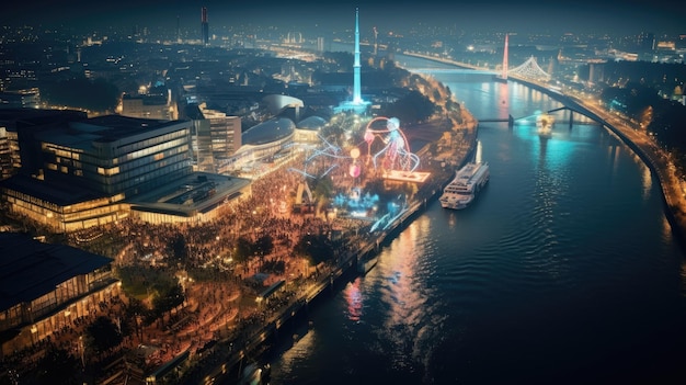 Blick aus der Vogelperspektive auf die Düsseldorfer Festspielnacht entlang des Flusses