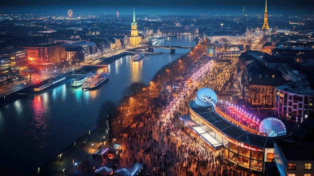 Blick aus der Vogelperspektive auf die Düsseldorfer Festspielnacht entlang des Flusses