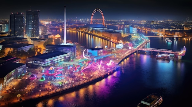 Blick aus der Vogelperspektive auf die Düsseldorfer Festspielnacht entlang des Flusses
