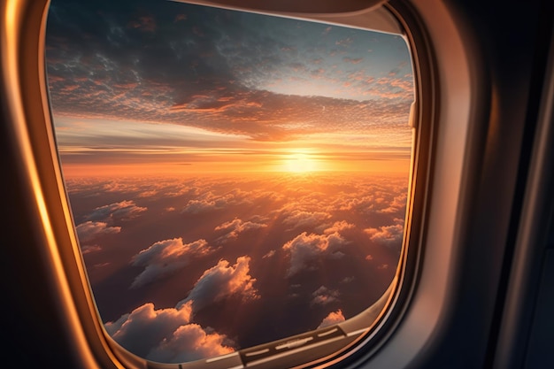 Blick aus einem Flugzeugfenster bei Sonnenuntergang