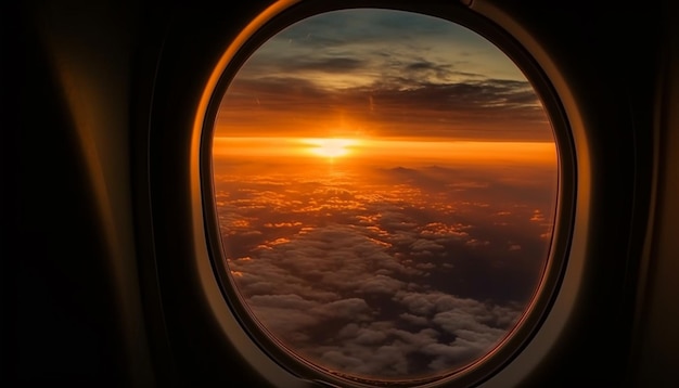 Blick durch das Fenster, hoch oben fliegendes Flugzeug, erzeugt durch KI