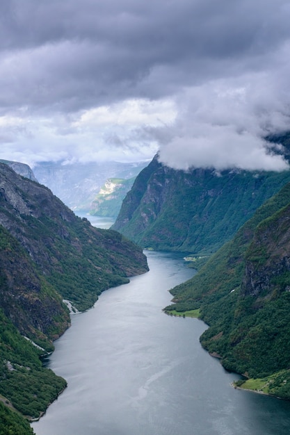 Blick hoch auf den wunderschönen norwegischen Fjord, den Sognefjord.