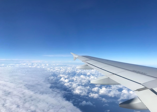 Blick in den Himmel aus dem Fenster im Flugzeug