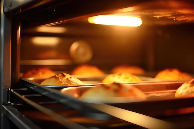 Foto blick in den ofen auf dem backblech, professionelle werbung, food-fotografie, ki-generiert