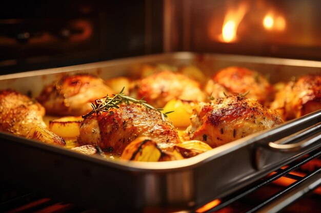 Blick in den Ofen auf dem Backblech, professionelle Werbung, Food-Fotografie, KI-generiert