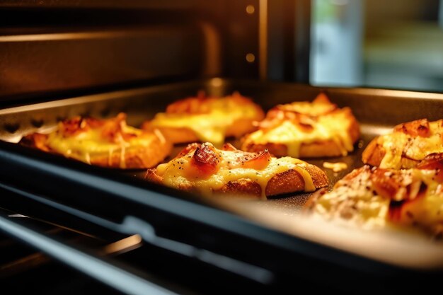 Blick in den Ofen auf dem Backblech, professionelle Werbung, Food-Fotografie, KI-generiert