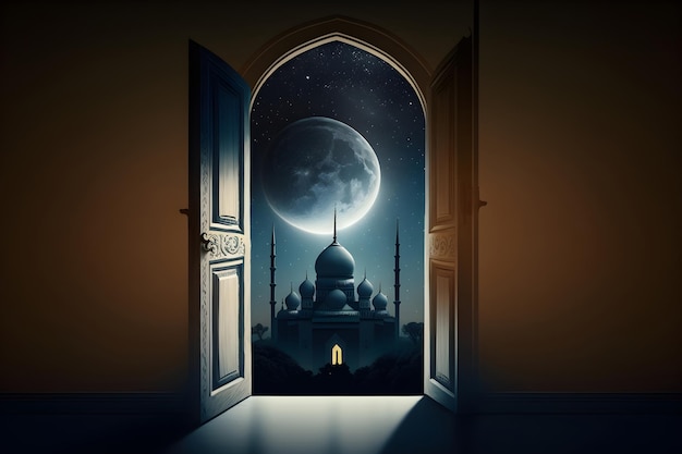 Blick vom Bogen auf die Moschee und den Vollmond Ramadan Generative AI 1