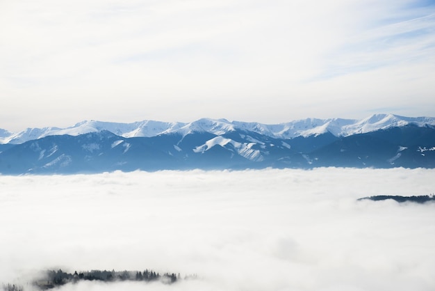 Blick vom Cerenova-Felsen in der Westtatra in der Nähe der Stadt Liptovsky Mikulas bei nebligem Wetter in der Slowakei