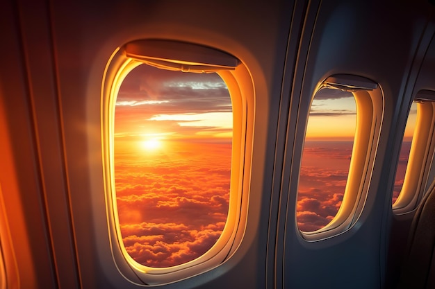Blick vom Flugzeugfenster auf die Wolken mit Sonnenuntergang