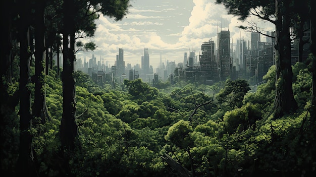 Blick vom grünen Wald zur modernen Megapolis Generatives KI-Design
