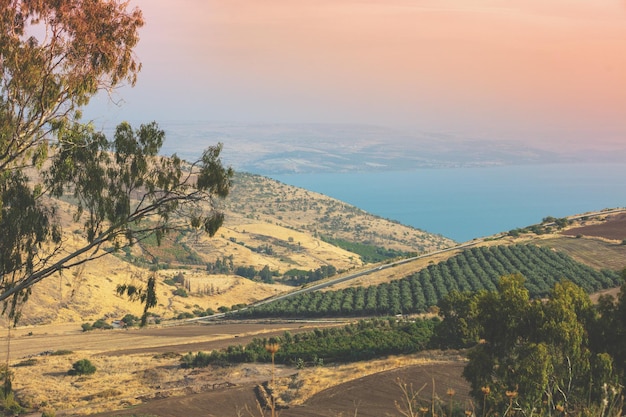 Blick vom Hügel auf den See Genezareth Tiberias Israel