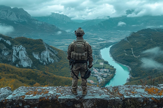 Blick von der Rückseite eines männlichen Soldaten in der Uniform der amerikanischen Armee, der die US-Flagge auf dem Gipfel eines Berges in einer Lichtung bei Sonnenuntergang schwenkt