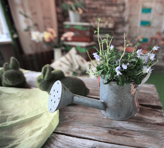 Blick von der Topgießkanne mit Blumenarrangement