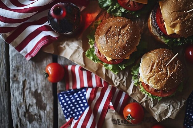 Foto blick von oben auf burger mit fahnen und soda-flasche