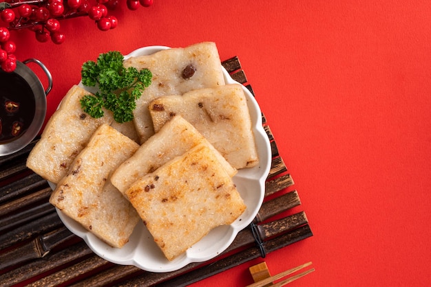 Blick von oben auf den köstlichen chinesischen Rettichkuchen für die festliche Küche des Mondneujahrs.