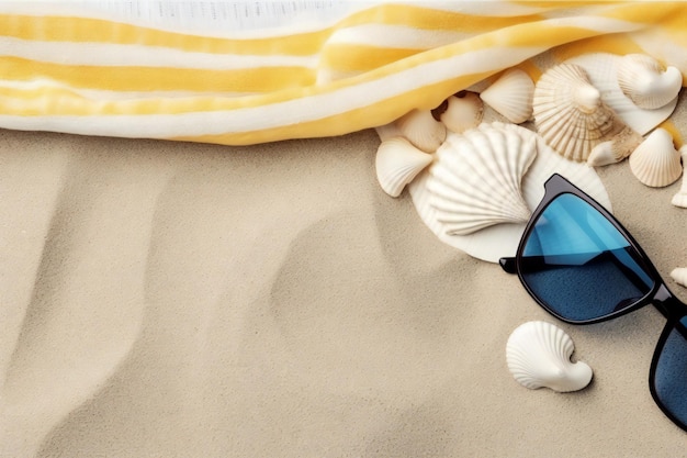 Blick von oben auf den Sandstrand mit gelb-weiß gestreiftem Handtuchrahmen, weiße Sonnenbrille und Muscheln g