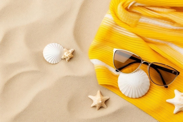Blick von oben auf den Sandstrand mit gelb-weiß gestreiftem Handtuchrahmen, weiße Sonnenbrille und Muscheln g
