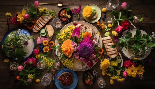 Blick von oben auf den Tisch, der mit traditionellem Essen zubereitet wird, um Pessach zu feiern