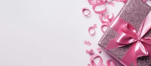 Blick von oben auf die rosa Glitzer-Geschenkbox mit einem rosa Band auf weißem Hintergrund