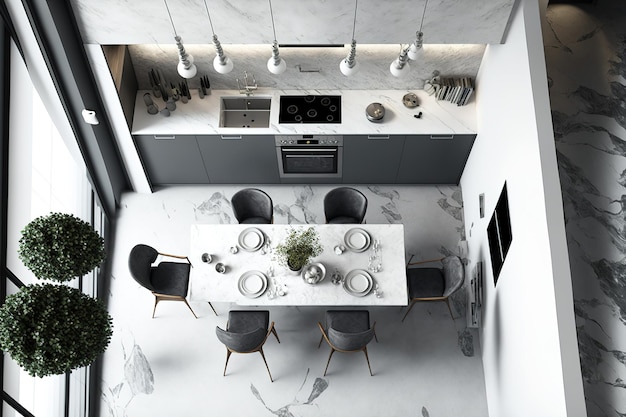Blick von oben auf eine luxuriöse Küche mit Betonböden in Weiß und Marmorwänden, grauen Arbeitsplatten, grauen Schränken und einem Esstisch aus Marmor mit grauen Stühlen
