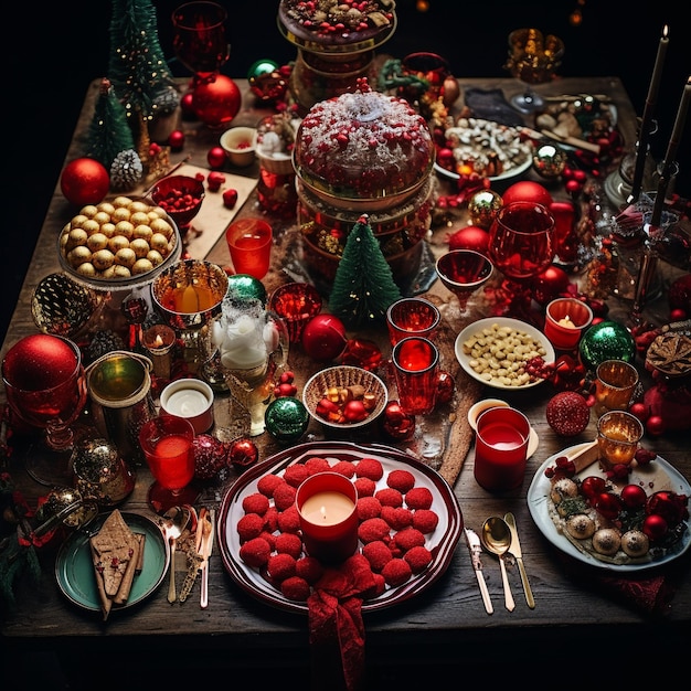 Foto blick von oben auf einen tisch, der von weihnachtsbrötchen und dekorationen überflutet ist