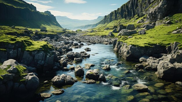 Blick von oben auf einen Wasserfall, der durch einen kleinen Fluss entlang eines Bergtals in Island fließt