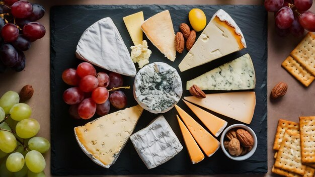 Blick von oben auf köstlichen Käse auf einer Schiefertafel