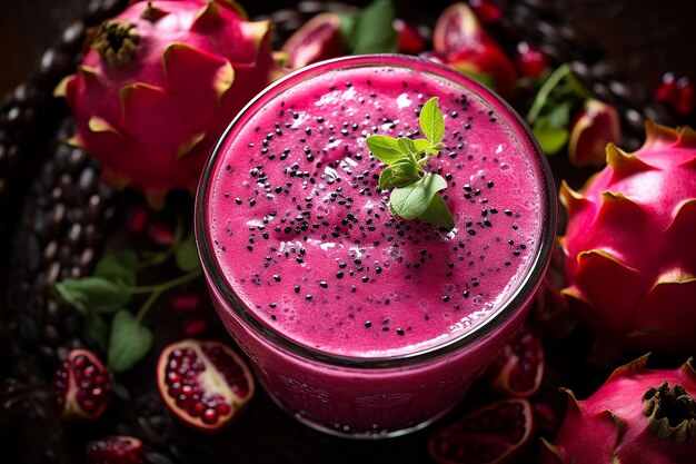 Foto blick von oben auf pitaya-saft mit einer hälfte von drachenfrucht