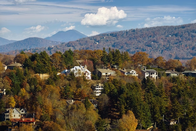 Blick von oben auf teure Wohnhäuser hoch oben auf einem Hügel zwischen gelben Herbstbäumen in einem Vorort von North Carolina Amerikanische Traumhäuser als Beispiel für Immobilienentwicklung in US-Vororten