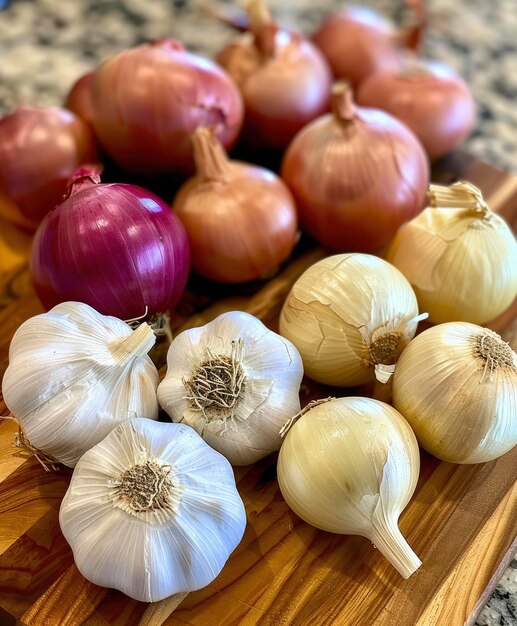 Blick von oben auf Zwiebeln und Knoblauch