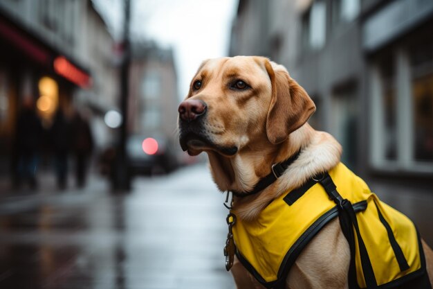 Blindenhund in gelber Weste auf der Straße mit generativer KI seines Besitzers