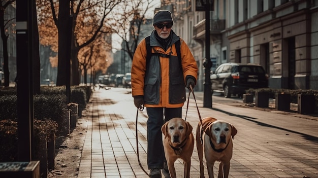 Blinder Mann, der mit ihrem Hund auf der Stadtstraße spaziert