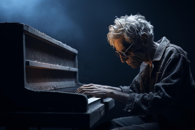 Blinder Musiker, der mit Emotionen Klavier spielt Generative ai