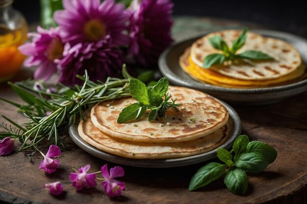 Foto blini e guarnições de ervas