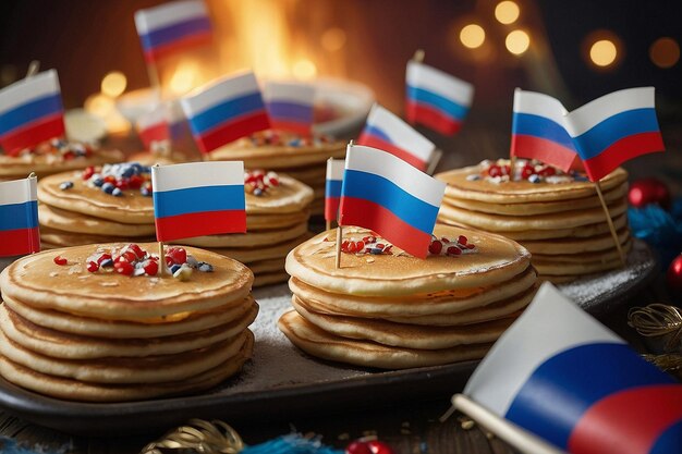 Foto blini festivo con las banderas rusas