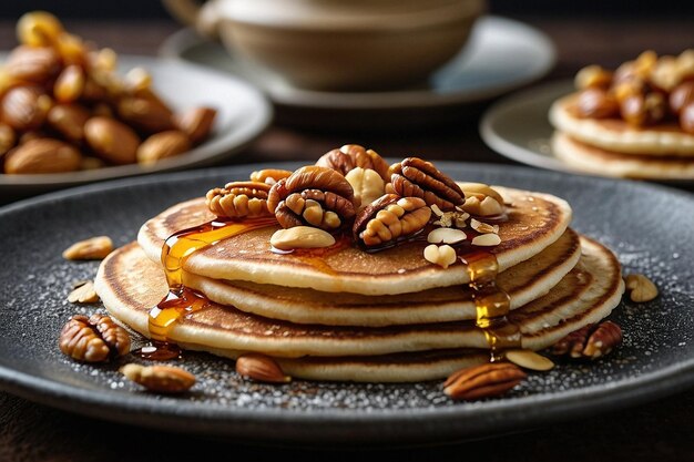 Foto blini con jarabe de arce de nueces asadas